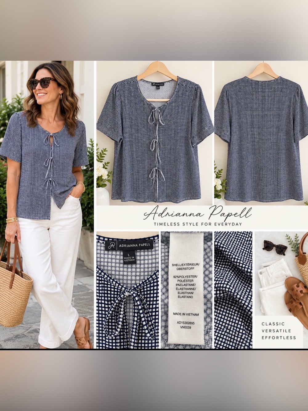 Adrianna Papell Navy Gingham Tie-Front Short Sleeve Blouse Sz L - Picture 6 of 8